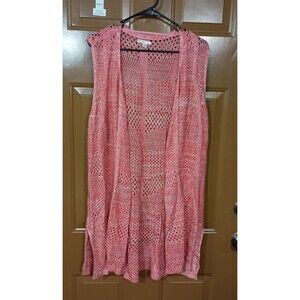 Cato Salmon & Cream Loose Weave Crocheted Long Open Cardigan 18/20W Cottagecore